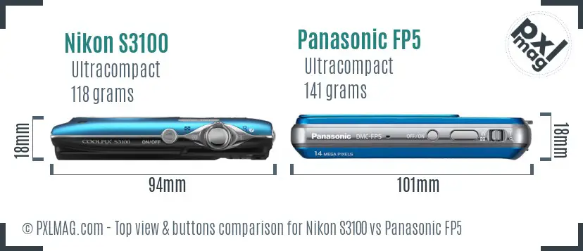 Nikon S3100 vs Panasonic FP5 top view buttons comparison
