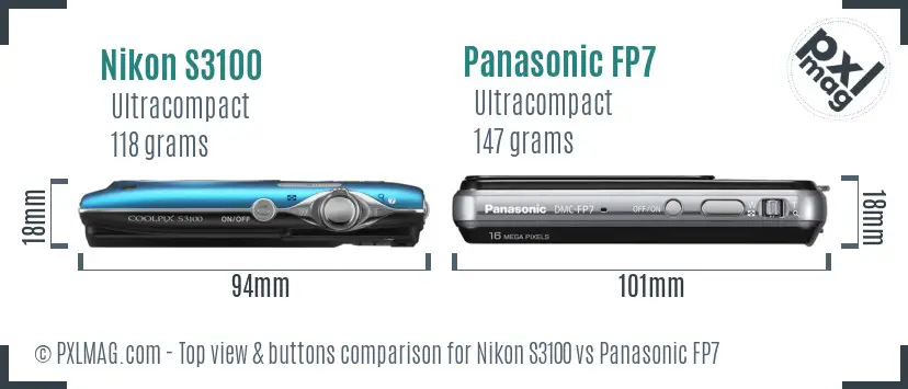 Nikon S3100 vs Panasonic FP7 top view buttons comparison
