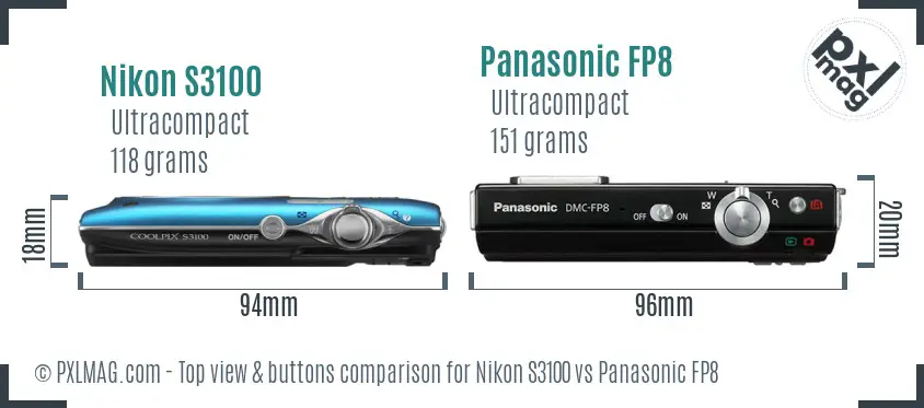 Nikon S3100 vs Panasonic FP8 top view buttons comparison