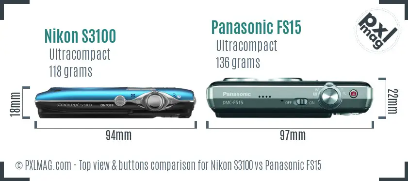Nikon S3100 vs Panasonic FS15 top view buttons comparison Nikon S3100 vs Panasonic FS15 top view buttons comparison