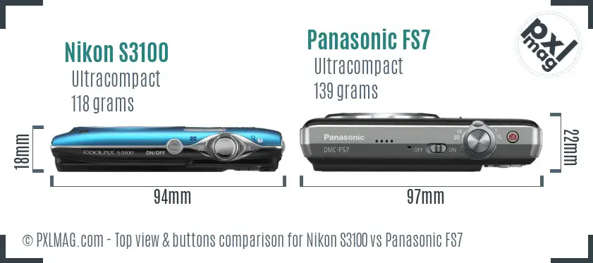 Nikon S3100 vs Panasonic FS7 top view buttons comparison
