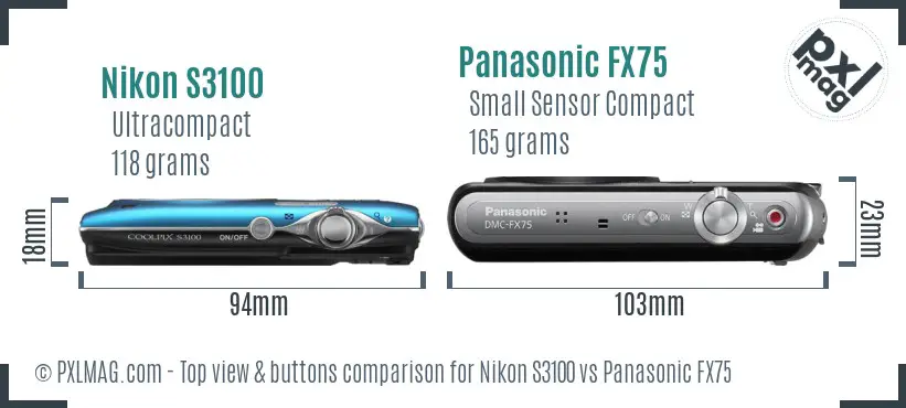 Nikon S3100 vs Panasonic FX75 top view buttons comparison