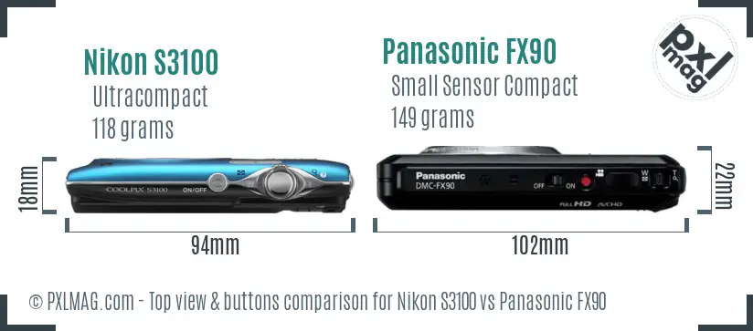 Nikon S3100 vs Panasonic FX90 top view buttons comparison