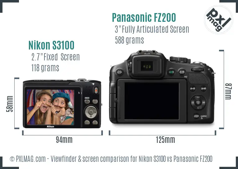 Nikon S3100 vs Panasonic FZ200 Screen and Viewfinder comparison