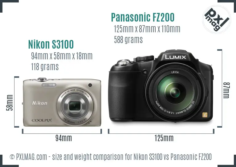 Nikon S3100 vs Panasonic FZ200 size comparison