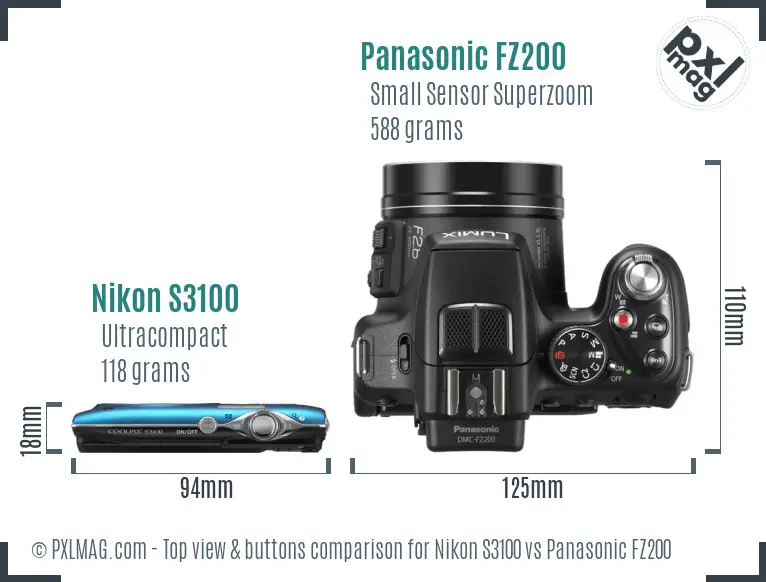 Nikon S3100 vs Panasonic FZ200 top view buttons comparison