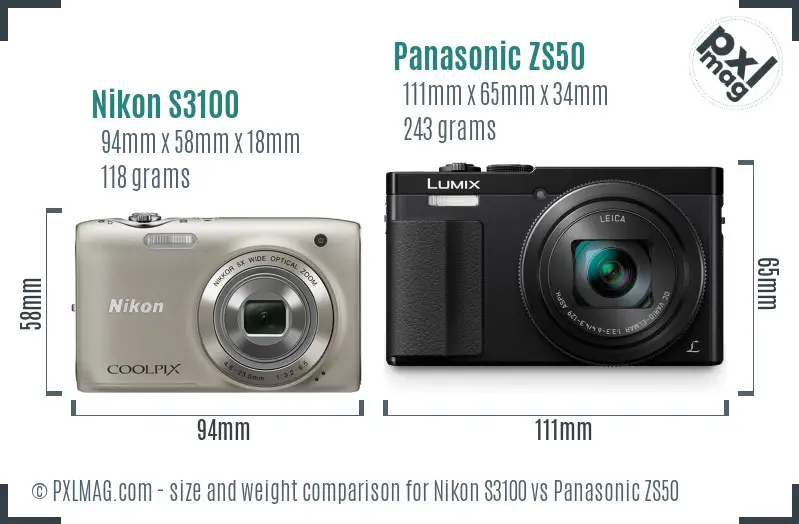 Nikon S3100 vs Panasonic ZS50 size comparison