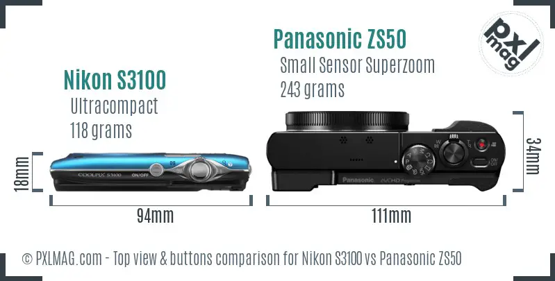 Nikon S3100 vs Panasonic ZS50 top view buttons comparison