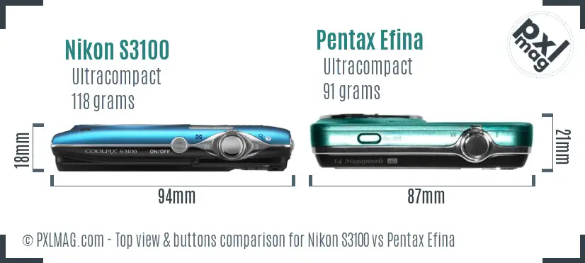 Nikon S3100 vs Pentax Efina top view buttons comparison
