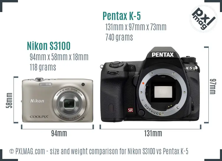 Nikon S3100 vs Pentax K-5 size comparison