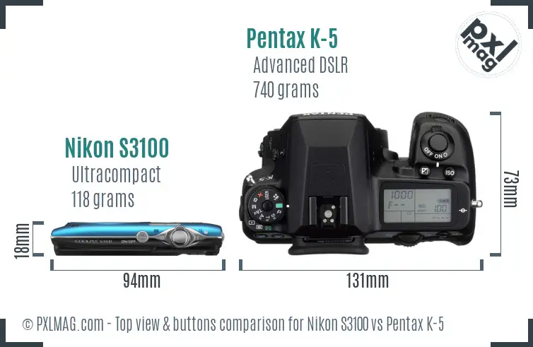 Nikon S3100 vs Pentax K-5 top view buttons comparison