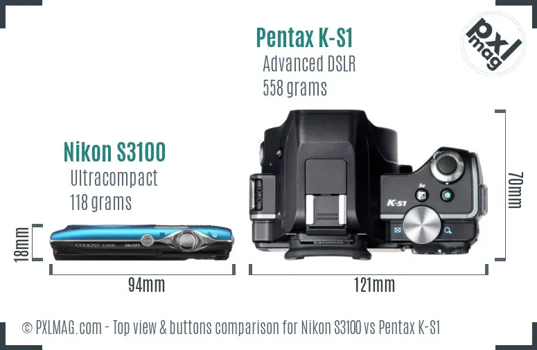 Nikon S3100 vs Pentax K-S1 top view buttons comparison