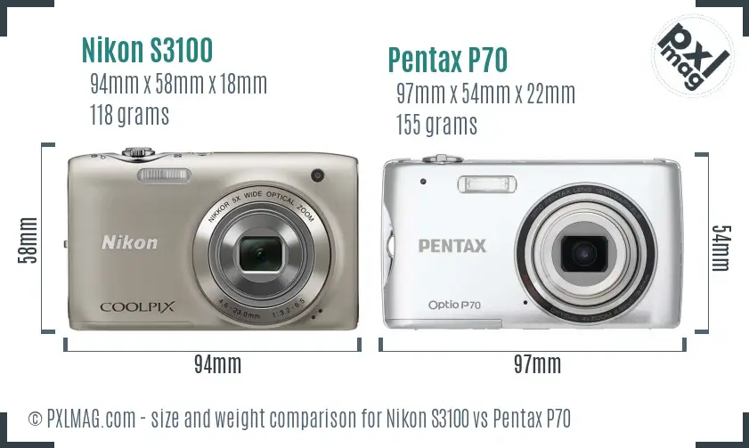 Nikon S3100 vs Pentax P70 size comparison