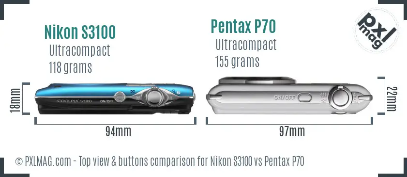 Nikon S3100 vs Pentax P70 top view buttons comparison