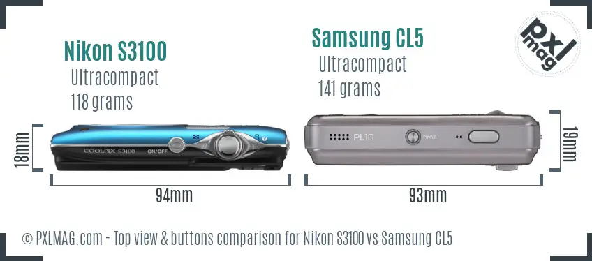 Nikon S3100 vs Samsung CL5 top view buttons comparison