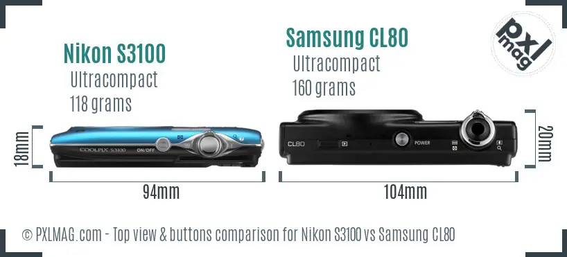 Nikon S3100 vs Samsung CL80 top view buttons comparison