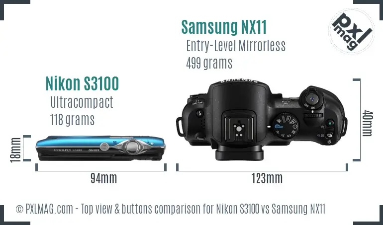 Nikon S3100 vs Samsung NX11 top view buttons comparison