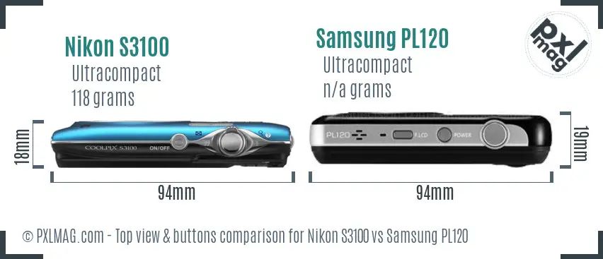 Nikon S3100 vs Samsung PL120 top view buttons comparison