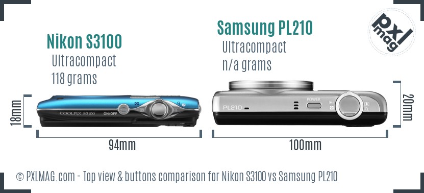Nikon S3100 vs Samsung PL210 top view buttons comparison