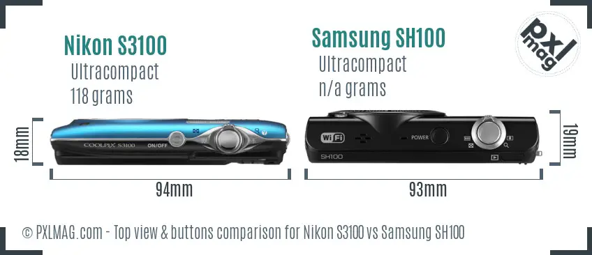 Nikon S3100 vs Samsung SH100 top view buttons comparison