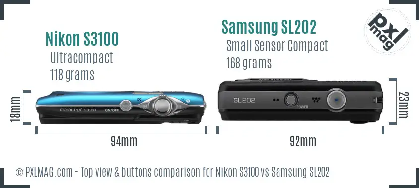 Nikon S3100 vs Samsung SL202 top view buttons comparison