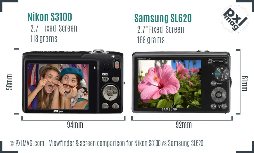 Nikon S3100 vs Samsung SL620 Screen and Viewfinder comparison