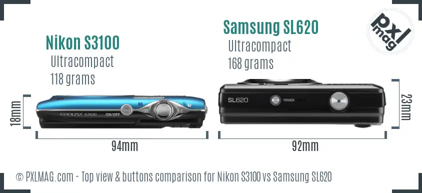 Nikon S3100 vs Samsung SL620 top view buttons comparison