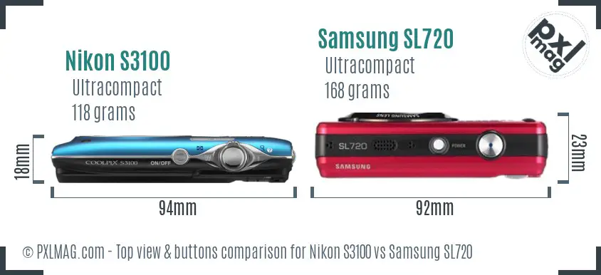 Nikon S3100 vs Samsung SL720 top view buttons comparison