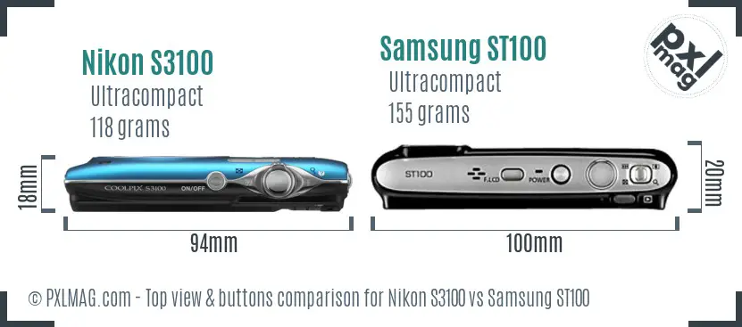 Nikon S3100 vs Samsung ST100 top view buttons comparison