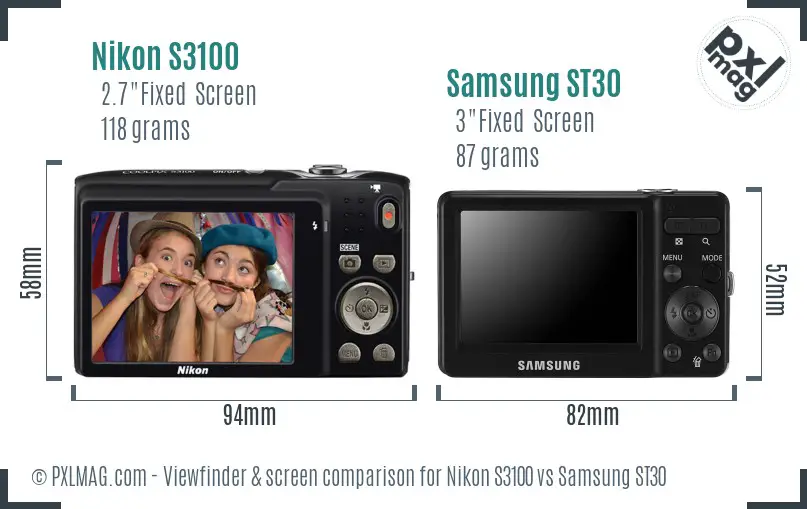 Nikon S3100 vs Samsung ST30 Screen and Viewfinder comparison