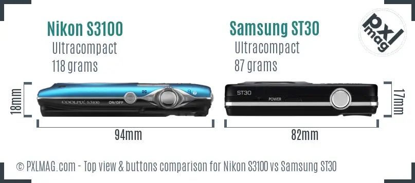 Nikon S3100 vs Samsung ST30 top view buttons comparison