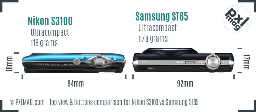 Nikon S3100 vs Samsung ST65 top view buttons comparison