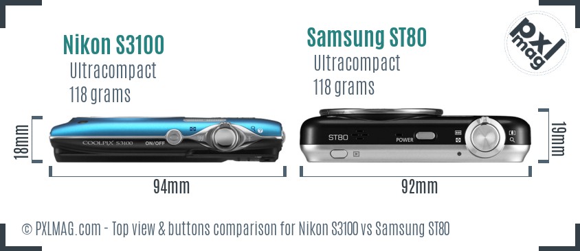 Nikon S3100 vs Samsung ST80 top view buttons comparison