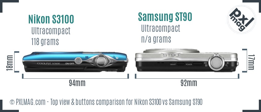 Nikon S3100 vs Samsung ST90 top view buttons comparison
