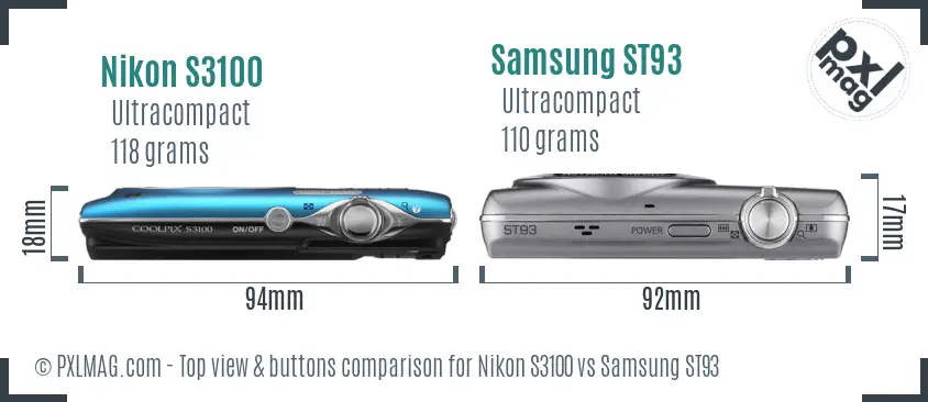 Nikon S3100 vs Samsung ST93 top view buttons comparison