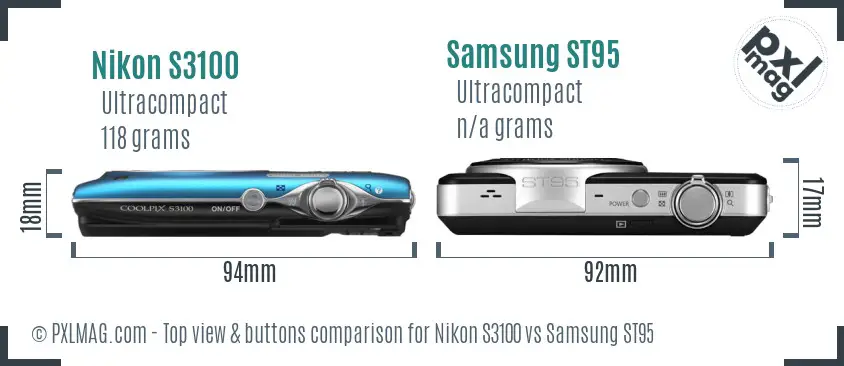 Nikon S3100 vs Samsung ST95 top view buttons comparison
