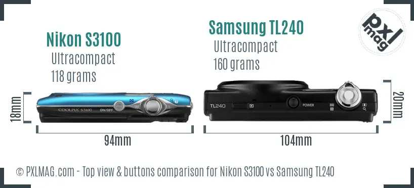 Nikon S3100 vs Samsung TL240 top view buttons comparison