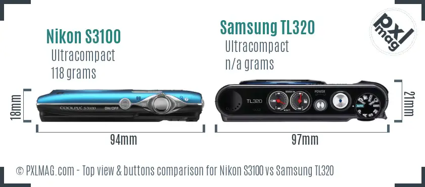 Nikon S3100 vs Samsung TL320 top view buttons comparison