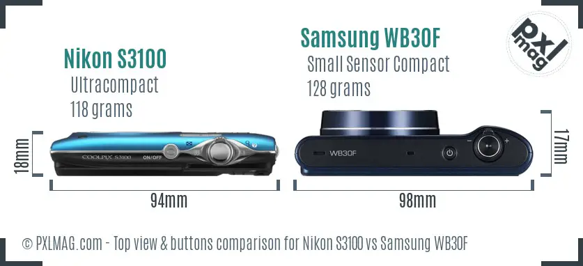 Nikon S3100 vs Samsung WB30F top view buttons comparison