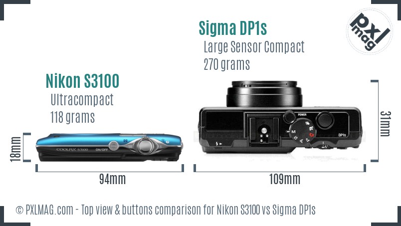 Nikon S3100 vs Sigma DP1s top view buttons comparison