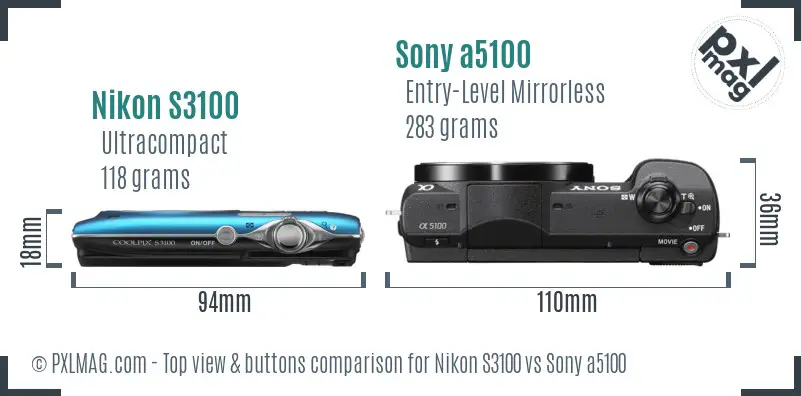 Nikon S3100 vs Sony a5100 top view buttons comparison