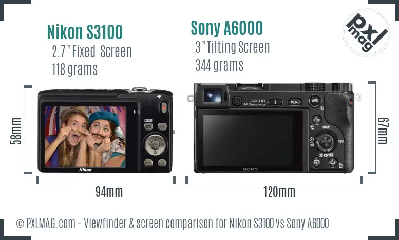 Nikon S3100 vs Sony A6000 Screen and Viewfinder comparison