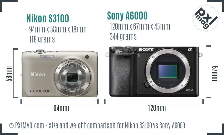 Nikon S3100 vs Sony A6000 size comparison