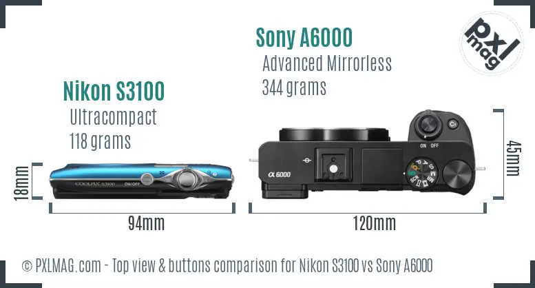 Nikon S3100 vs Sony A6000 top view buttons comparison