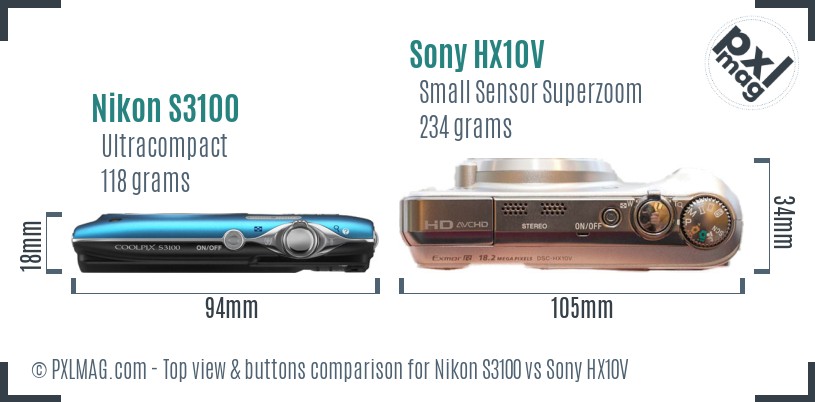 Nikon S3100 vs Sony HX10V top view buttons comparison