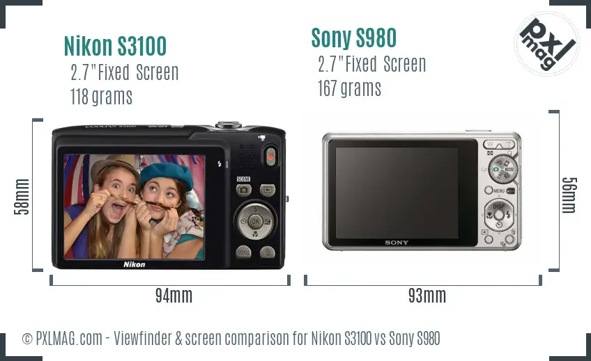 Nikon S3100 vs Sony S980 Screen and Viewfinder comparison