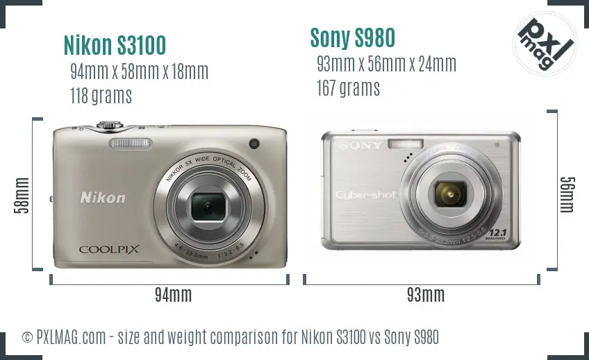 Nikon S3100 vs Sony S980 size comparison
