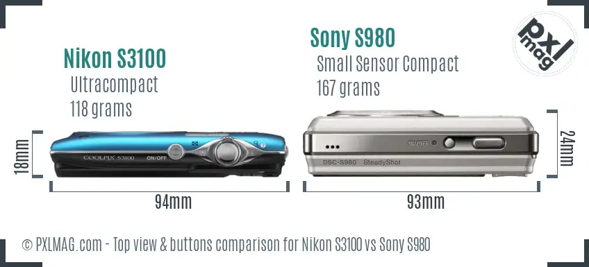 Nikon S3100 vs Sony S980 top view buttons comparison