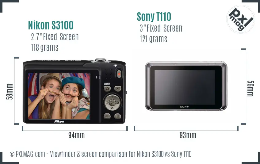 Nikon S3100 vs Sony T110 Screen and Viewfinder comparison