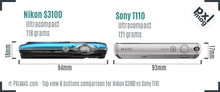 Nikon S3100 vs Sony T110 top view buttons comparison